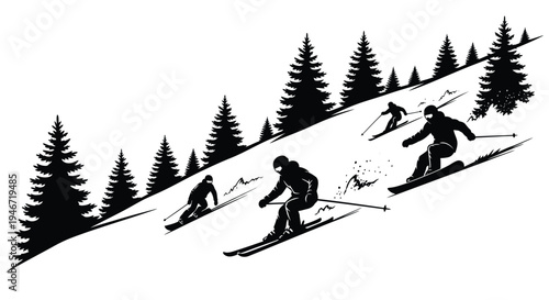 Skiers descending a snowy mountain slope a striking black silhouette