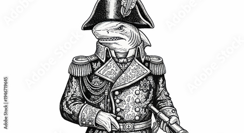 Shark dressed as Napoleon Bonaparte in military uniform.