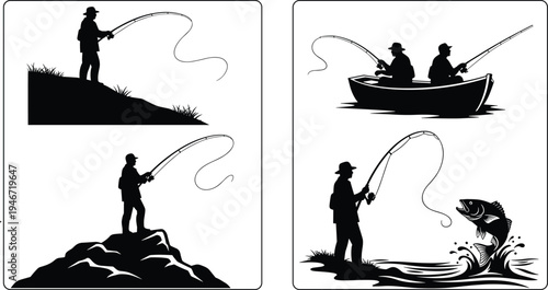 Fishing silhouettes collection anglers catching fish from shore rocks and boat outdoor hobby sport activity flat vector illustration