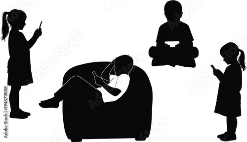 Kids using smartphones and tablets silhouettes children screen addiction technology lifestyle flat vector illustration set