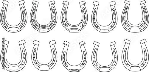 Horseshoe outline icons collection lucky symbol equestrian farrier equipment line art flat vector illustration set