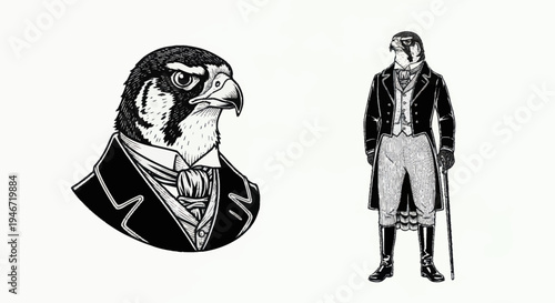 Anthropomorphic Falcon Dressed in Victorian Gentleman Attire.