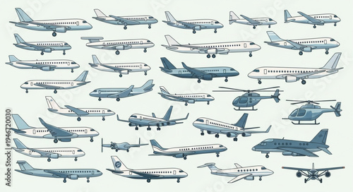 Diverse Collection of Aircraft - Planes, Helicopters, and More in Detailed Illustration.