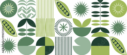 Mid Century Modern Geometric Pattern with Green Leaf Motifs and Sun Shapes retro vintage