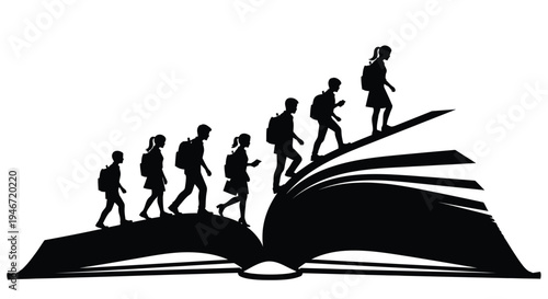 Students walking on an open book representing knowledge and learning silhouette