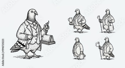 Vintage Pigeon Characters in Suits Holding Accessories.