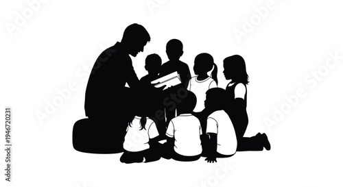 A teacher reads to a group of children a dark silhouette
