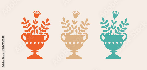 Three Decorative Vases with Stylized Flowers in Orange Beige and Teal Colors