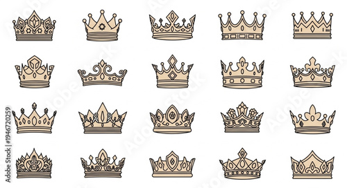 Collection of Hand Drawn Crowns and Tiaras Isolated on White Background.