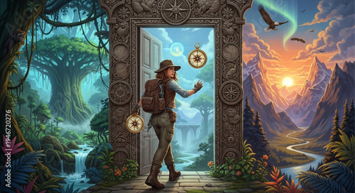 Adventurer Stepping Through a Mystical Portal to Another World.