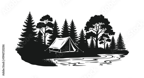 Camping scene with a tent by a river black and white silhouette