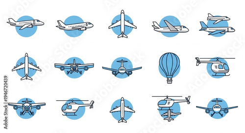 Collection of Hand-Drawn Airplane and Helicopter Icons with Blue Accents.