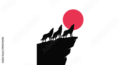 Wolves howling at a large red moon dramatic landscape silhouette