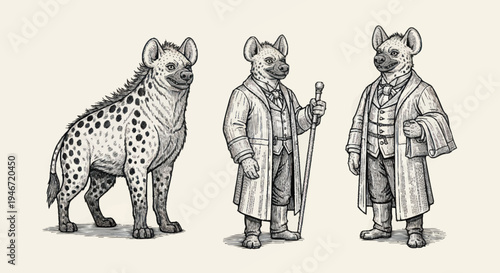 Three Hyenas Depicted in Vintage Style Illustration.