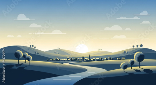 Serene Landscape with Winding River and Distant Town at Sunrise.