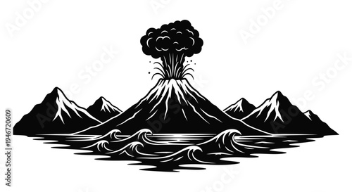 Volcanic eruption over water with mountains a striking silhouette