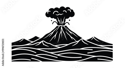 Volcanic eruption over water depicted in a striking black silhouette