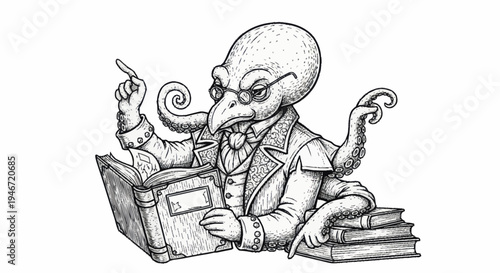 Intelligent Octopus Professor Reading Ancient Books.