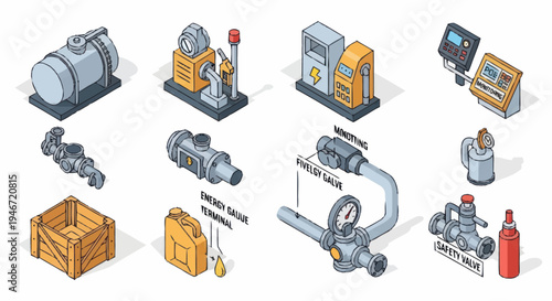 Industrial Equipment and Components Collection Isometric View.
