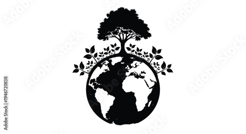 A world map embraced by a tree depicting environmental harmony silhouette