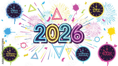 Colorful 2026 New Year celebration design with fireworks paint splashes geometric shapes and festive party elements isolated on white backgroundColorful 2026 New Year celebration design with fireworks