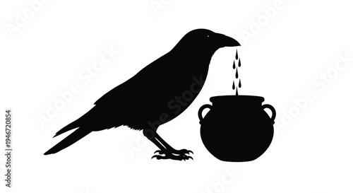 A raven perched near a cauldron a darkly gothic silhouette