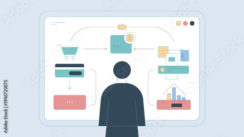 A person viewing an infographic about online payment processing on a large screen