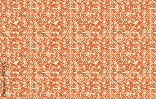 Seamless geometric floral pattern with vintage tile motifs in green and beige