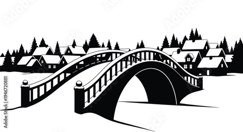 Charming bridge and village scene depicted in a striking silhouette