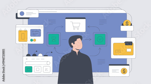 A man in a black shirt stands in front of a large purple screen with various e-commerce icons and graphics floating around him.