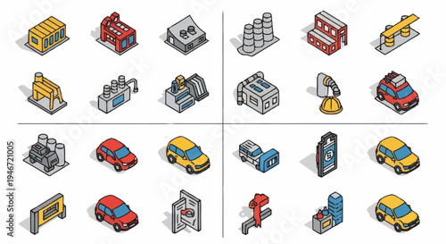 Isometric Industrial and Transportation Icons Set.