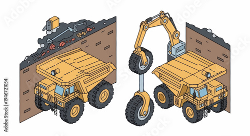 Yellow Mining Trucks and Excavator in Operation.