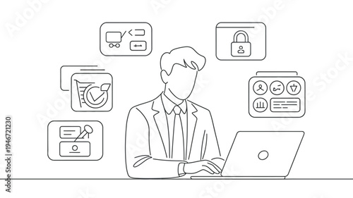 A businessman working on his laptop with various security icons surrounding him.