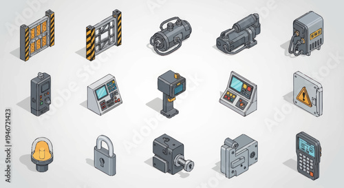 Isometric collection of industrial security and surveillance equipment icons.