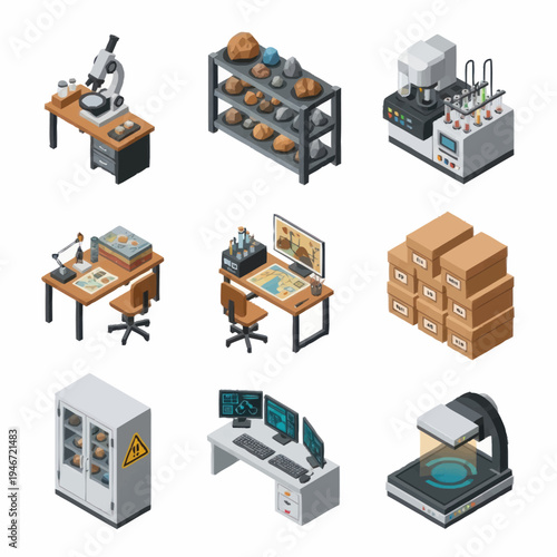 Collection of Isometric Laboratory and Industrial Equipment Icons.