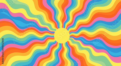 Vibrant multicolored sunburst pattern with wavy lines.