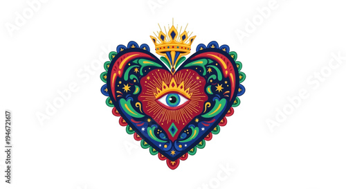 Vibrant heart with an eye and crown symbol.