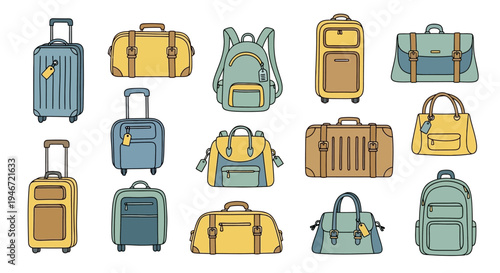 Collection of various colorful luggage and bags for travel.