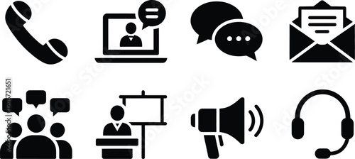 Communication icons set including phone call laptop video conference speech bubbles email message group chat presentation megaphone and customer support headset.