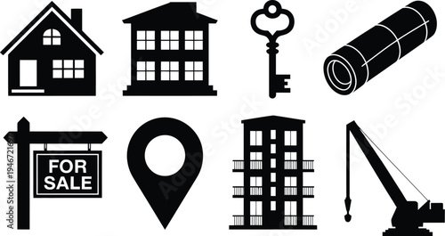 Real estate icons set including house building apartment key for sale sign location pin construction crane and architectural blueprint paper roll.