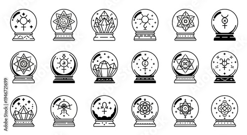 Black and white crystal ball illustrations with various astrology symbols.