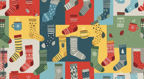 Colorful socks and coffee cups in a vibrant collage.