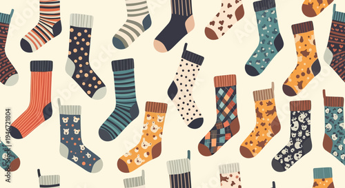 Colorful assortment of patterned socks.
