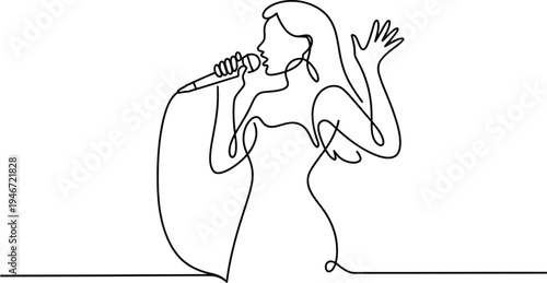 Continuous one line drawing of woman singing into microphone minimalist female singer performing on stage music concert or karaoke night.