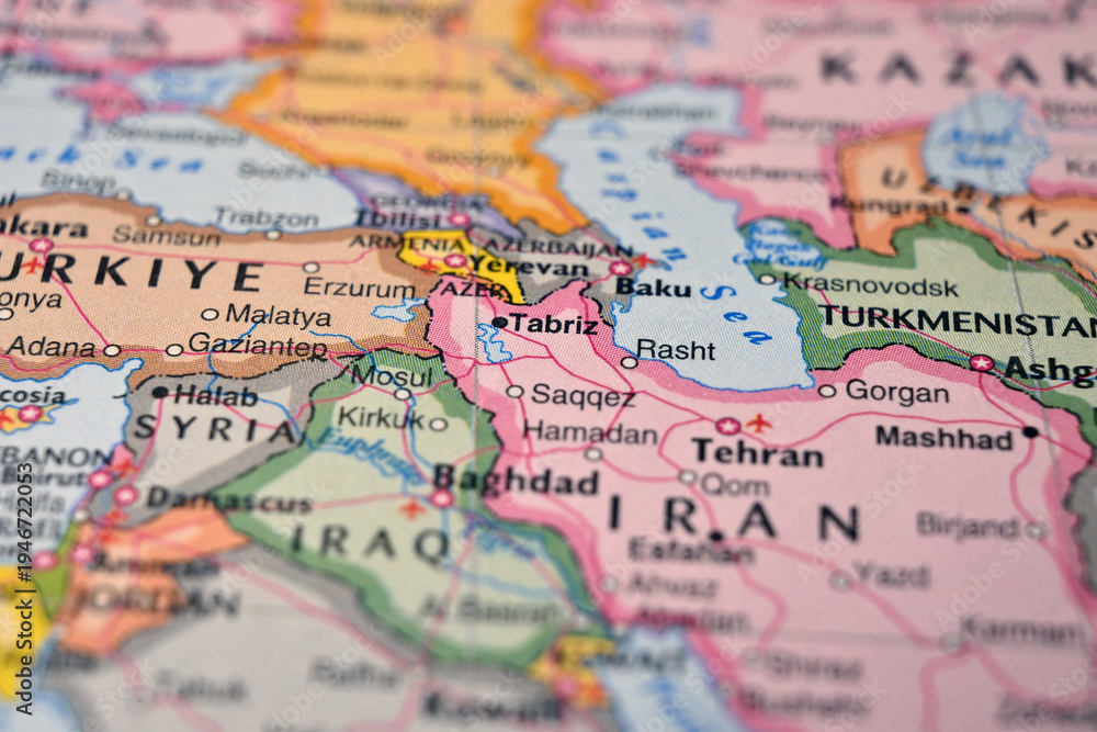 Naklejka premium Tabriz Iran on World Map Close Up Macro Defocused Background Geographic Image