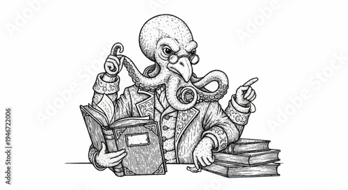 Intelligent Octopus Professor Reading Books and Teaching.