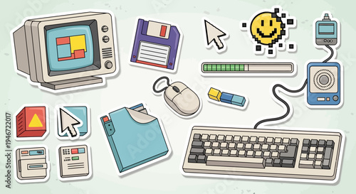 Vintage computer hardware and peripherals icons.