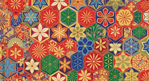 Vibrant hexagonal floral pattern with colorful geometric shapes.