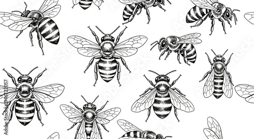 Black and white illustration of multiple bees flying.