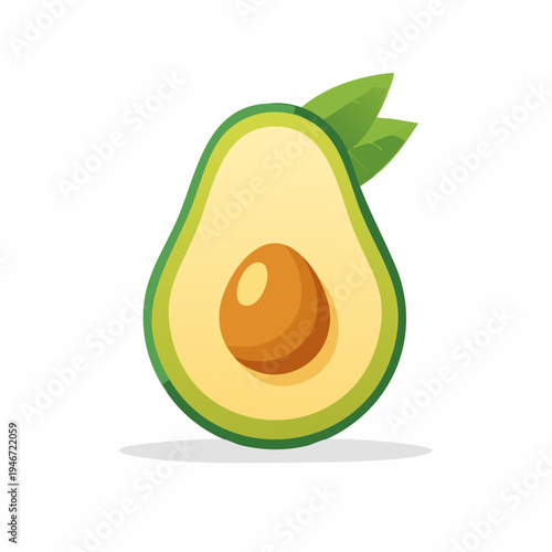 A halved avocado with leaves on a white background showing its pit and green skin.